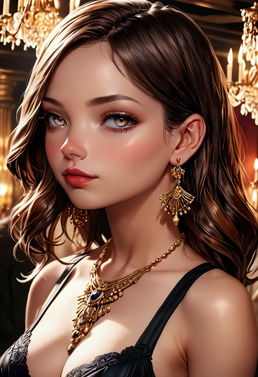 a beautiful young woman with long brown hair, B-cup breasts, 60cm waist, and 80cm hips, elegant pose, beautiful detailed eyes, beautiful detailed lips, extremely detailed face, long eyelashes, soft lighting, warm color tones, detailed background, 1girl, digital illustration, highly detailed, photorealistic, cinematic lighting, vibrant colors, masterpiece, (best quality,4k,8k,highres,masterpiece:1.2),ultra-detailed,(realistic,photorealistic,photo-realistic:1.37)