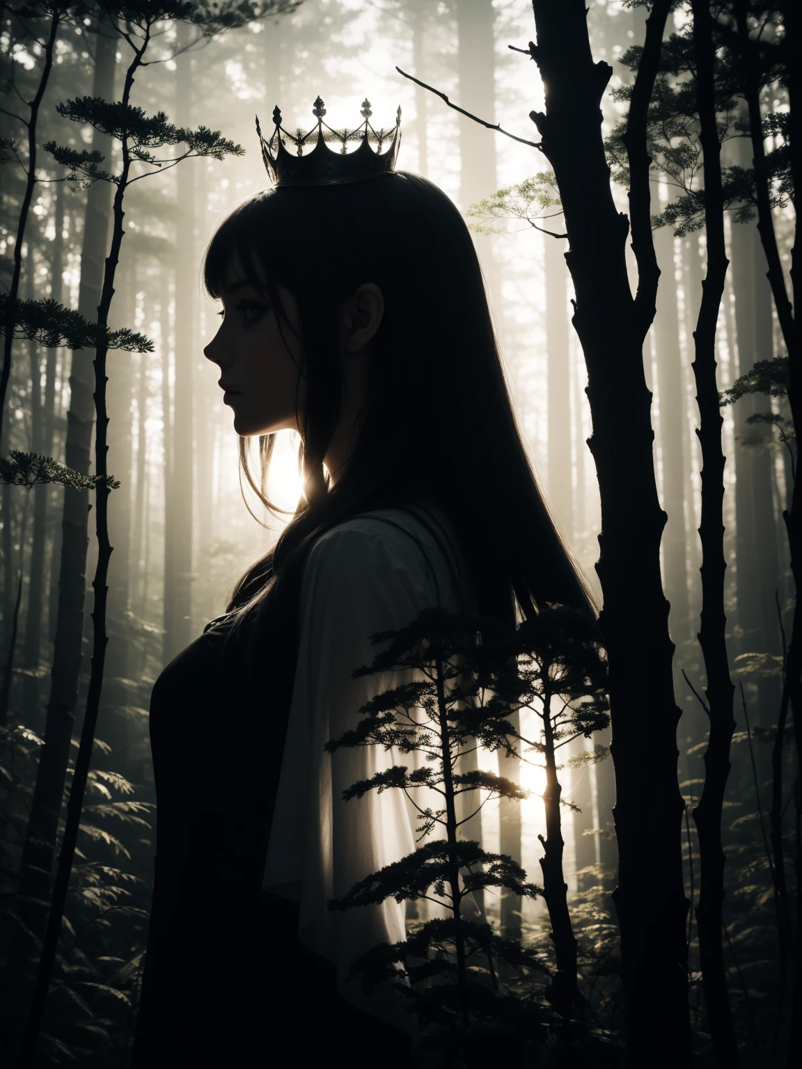 Silhouette of a Nordic queen filled with a forest , double exposure, crisp lines, monochrome background