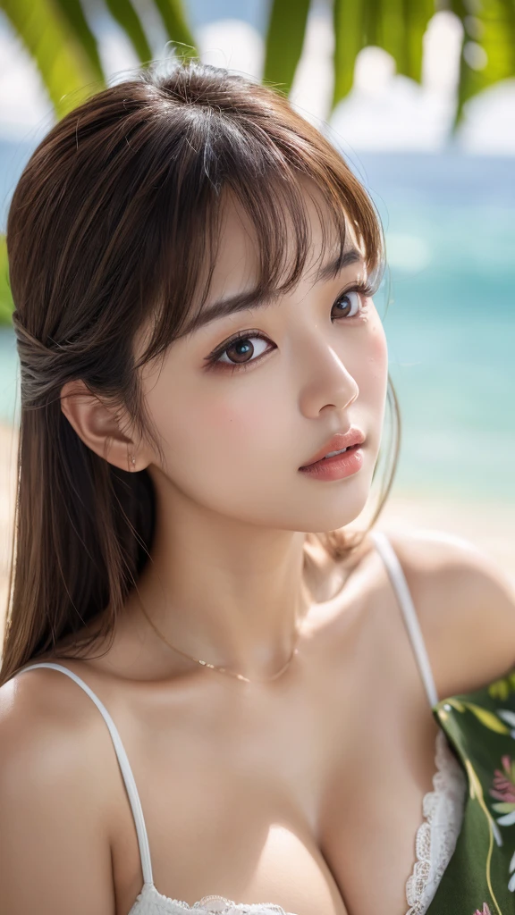 (masterpiece:1.3), (8k, Realistic, RAW Photos, Best image quality: 1.4)、(Cute hairstyle:1.2)、Large Breasts:1.2、Breastfeeding 1.Too big、Round ass、Complete look、Highly detailed face、Eye on the details、double eyelid、With one heart、Sharp focus:1.2、Beautiful Japanese Woman:1.4、Light brown hair、Highest quality、masterpiece、Ultra-high resolution、(Realistic:1.4)、Natural light、((Hawaii'Most popular bikinis))、 One gift'shoulder、slim、Serious expression、Short and delicate hair, Tropical Beach, Beach Background, Tropical Tree