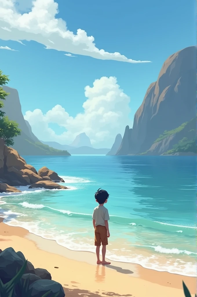 A boy standing near the beach
