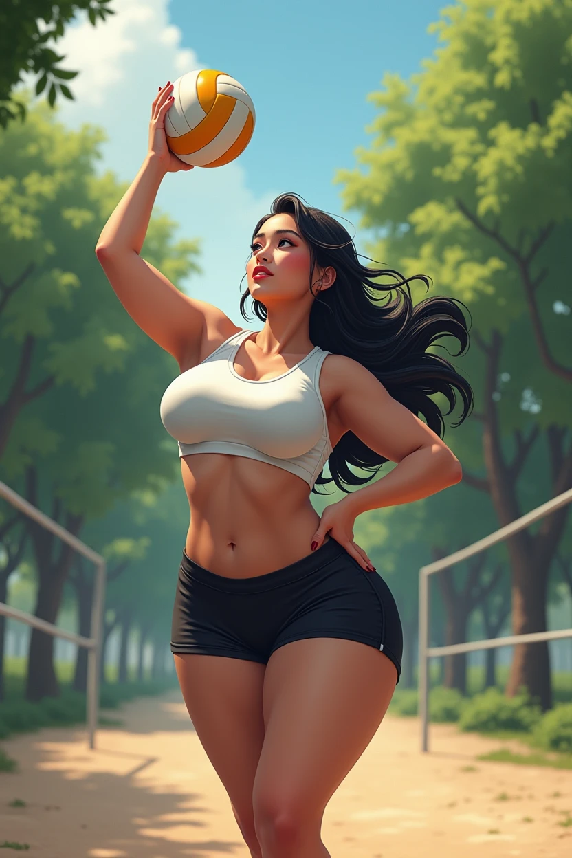 An a Asian girl, she with black hair hairstyle half moon, big lips, she with giant tits, a very huge and round ass , huge buttocks, huge thighs, wide hips, thin waist, dressed in tight black shorts that only cover and squeeze her buttocks, with a white sports t-shirt , playing volleyball in the park