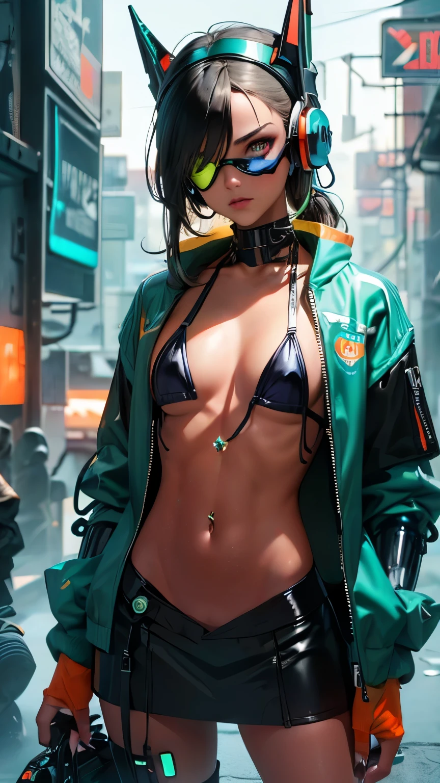 nsfw, Riot, nuclear power plant on background, fluorescent headgear, medium long curly hair, violet hair, college girl,18 years old, running in the street, wearing a green military jacket, open hoodie, topless: 2, small tits, casual show nipples, gas mask, high socks, city street at night, neon lights in the dark, ciberpunk atmoshpere, 16k, photorealistic, real photo, nikon d800