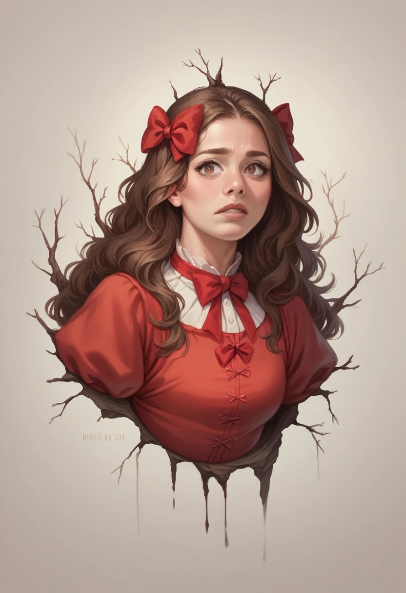10 years of life, brown hair, fair skin, realistic, with long hair stuck in a red bow, light brown eyes, red dress, 8k image, realistic human skin, real child image,