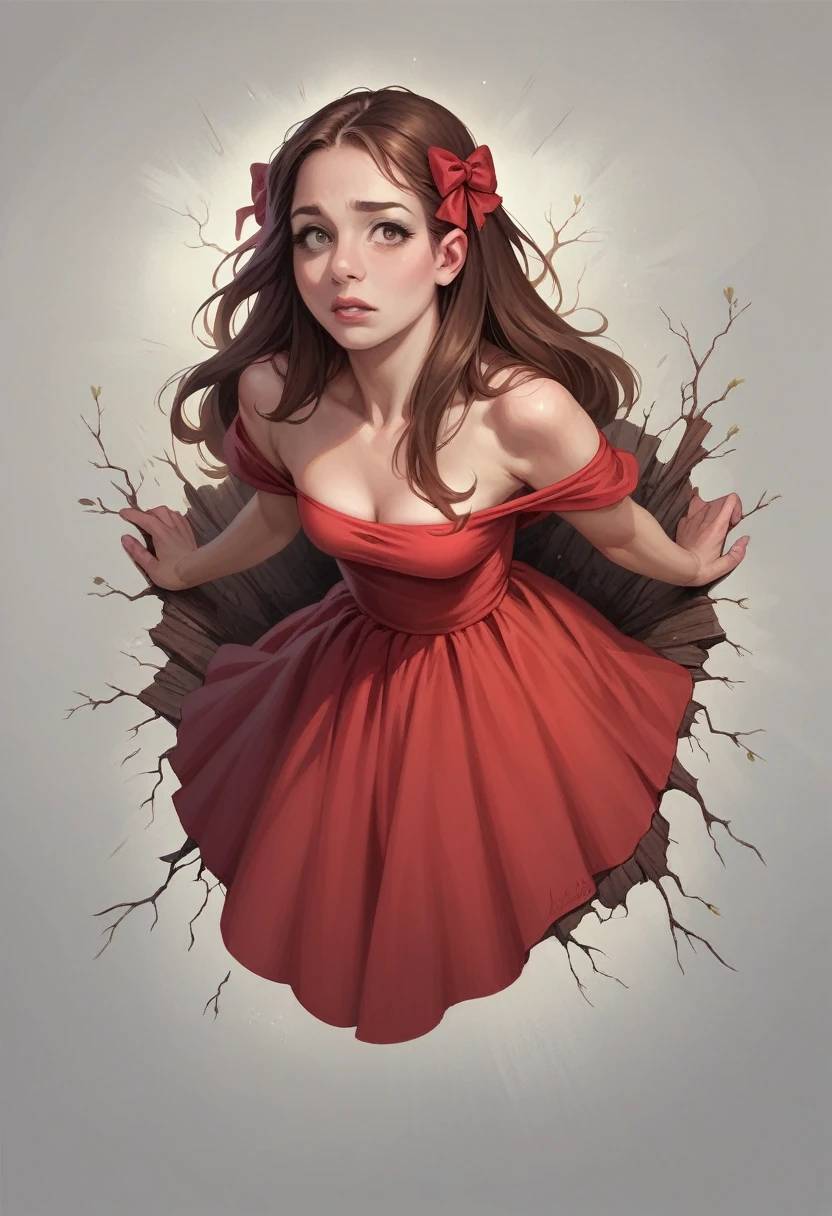 10 years of life, brown hair, fair skin, realistic, with long hair stuck in a red bow, light brown eyes, red dress, 8k image, realistic human skin, real child image,