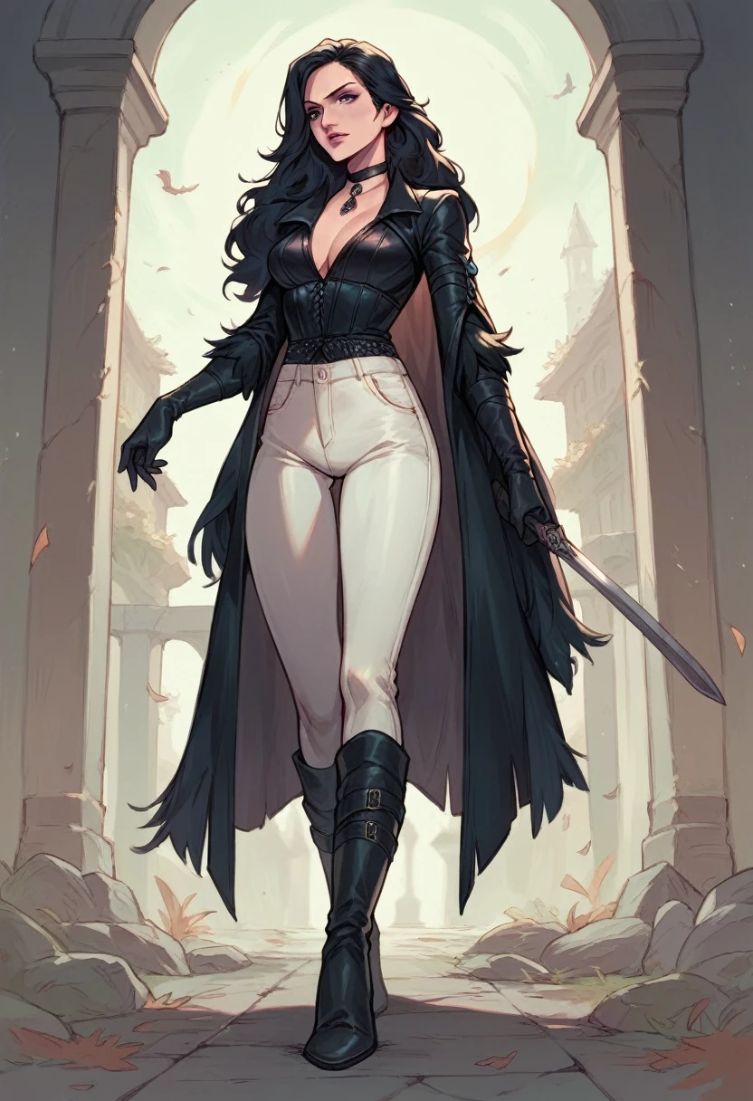 Yennefer, black leather thigh high boots, long leather gloves, white pants, modern