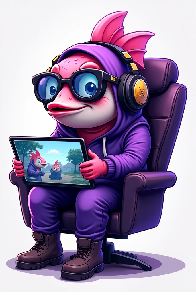 Task: To design a logo for a professional male PUBG Mobile player that reflects his unique style and passion for the game. The logo should be attractive, memorable and reflect the special talent of the player in the world of mobile shooters.
### Description of the logo concept:
**Main element**: In the center of the logo there is a funny and charismatic character — a fish dressed in modern gamer equipment. The fish is sitting on a comfortable gaming chair, holding an iPad in its paws, on the screen of which a scene from PUBG Mobile is visible. She is wearing large round glasses, through which smart and focused eyes are visible, Headphones frame her head, emphasizing full immersion in the gameplay and indicating the professionalism of the player.
**Clothing and accessories**: The fish is dressed in a light and modern form, made in shades of purple, which not only corresponds to the customer's preference, but also gives the logo dynamism and energy. Glasses and headphones are also made in these colors, with the addition of small details such as gold or silver inserts to emphasize their technological character.
**Background**: The background of the logo should be minimalistic so as not to distract attention from the main character. It is possible to use a light shadow effect or a subtle gradient of purple tones, creating a sense of depth and space around the gamer fish.
**Typography**: An inscription reflecting the player's nickname or the name of his team OTC SOMiK must be placed above or below the image. The font should be easy to read, while maintaining the style and matching the overall style of the logo. The options can range from modernist to gamer fonts, those that combine with the shape of a fish and maintain a balance between image and text.
**Color palette**: The main color of the logo is purple, reflecting the personality of the player and his passion for the game. Shades of purple can range from deep to light, creating contrast and depth. For addition