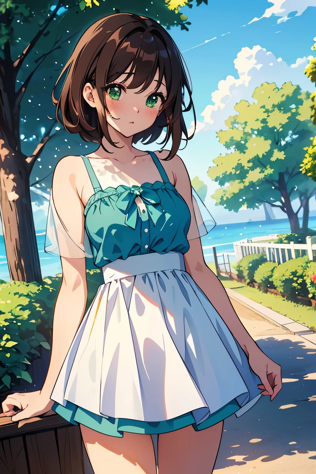 ((masterpiece, Highest quality, High resolution, 超High resolution, Pixel perfect, Written boundary depth, 4K, RTTX 10.0, High resolution))), 1 person, single, alone, Beautiful Anime, Beautiful art style, Anime characters, ((Shortcuts, bangs, Dark brown hair)), ((Green Eyes:1.4, Round eyes, Beautiful eyelashes, current eyes)), ((Smooth texture:0.75, Anime CG style)), ((Dynamic Angle, close)), Perfect body, (cute), Normal chest, whole body, ((4K, 8k, Highest quality, Perfect Fingers: 1.3, Perfect Anatomy: 1.3, Background Blur)), whole bodyアングル, Illustration of a person hydrating, The character is holding a refreshing blue sports bottle., Drinking scene, She blushed lightly, Has a refreshed look, Dress in casual summer clothes, In the background there is blue sky and green trees々Spread, It creates a refreshing summer atmosphere., A scene that gives an overall healthy and energetic impression