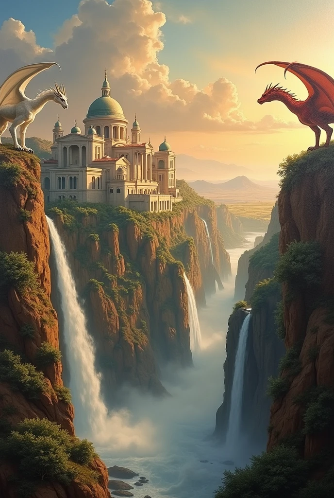 An oil canvas painting of heavenly medieval greek type big city around an abyss warm tones and two waterfalls pouring down into the abyss and there are two dragons on each side one of them is white 