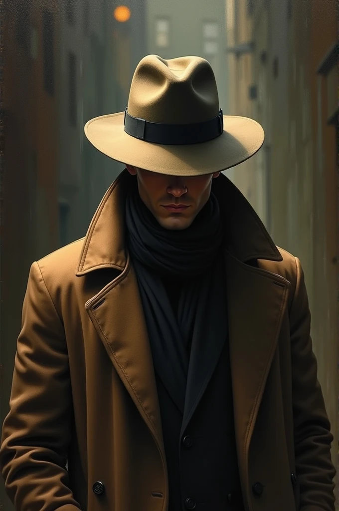 A smart detective spy guy wearing a felt hat which covers his half face till eyes and wearing an overcoat with a scarf on his neck thee dress should be in brown colour and the image should be in a painting form the overall theme should be artistic and suspense nature