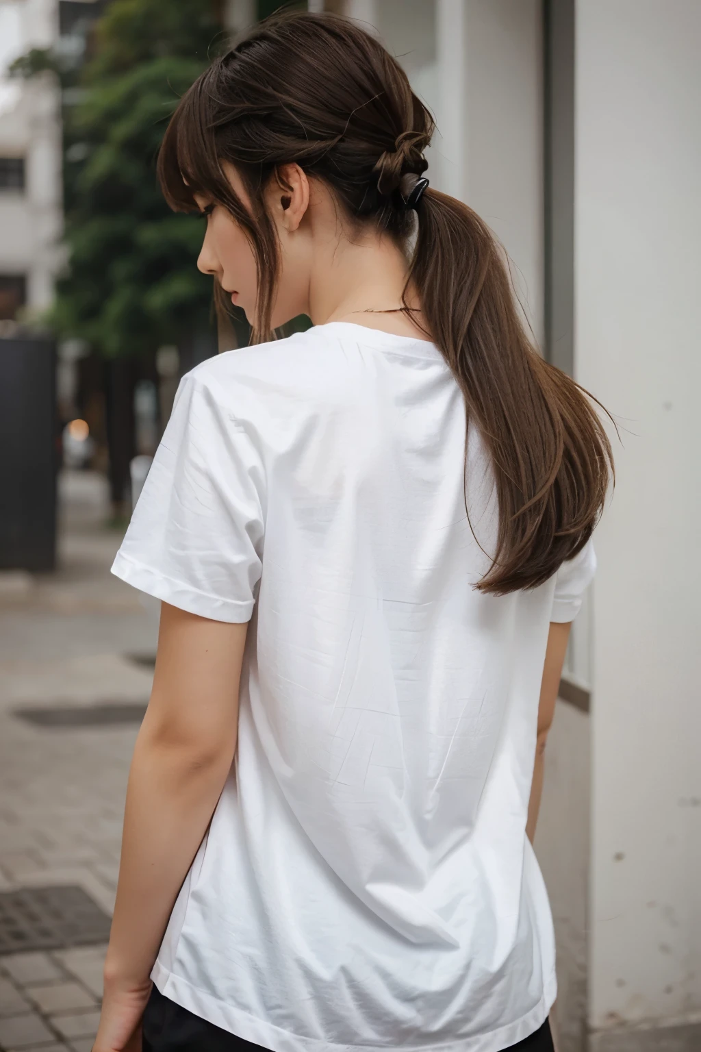 black blonde haired girl with cute hairstyle and cute white tshirt from behind