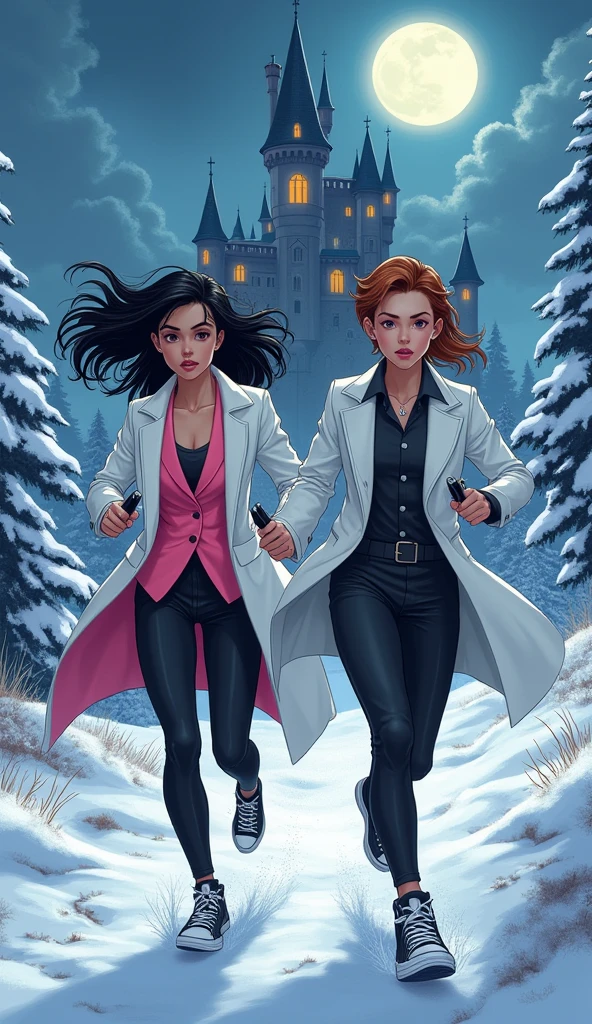 Two girls, long black hairs, yuri, Vampire Hunters
The first girl wear a white long coat, pink suit, black shirt, pink pencil skirt, black underpants, black tights, black gloves, black socks, white sneakers high top.
The second girl wore a white long coat, grey suit, black shirt, grey pencil skirt, black underpants, black tights, black gloves, black socks, white sneakers high top.
holding a handguns, running on the snow, snowing, vampire castle, fantastic night sky, moon, cartoon novel, 4K, HD