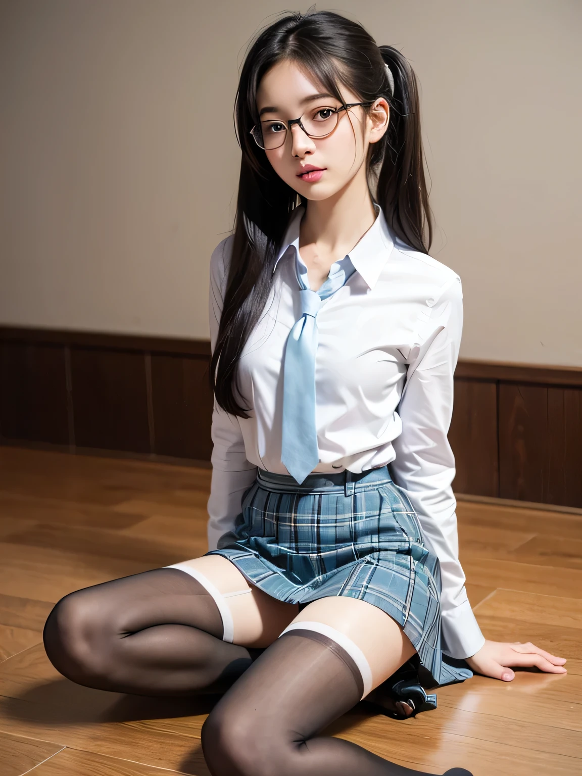 (Short Twin Tails),（8k、RAW Photosgraphy、Highest quality、masterpiece：1.2),Glamour,smile、Chromo White Skin,Cheeky,Staring at the audience,Viewed from the front,Muchimuchi,erotic,student,White skin,knees,Student Bag((Black Pantyhose)),absurdists,Small Face,,Flat Chest,Part the front hair from the middle、The forehead is visible,(Cold look,Squinting my eyes,Glare,strong,skinny,Sanding,Rage)、masterpiece,Highest quality、Ultra-high resolution,RAW Photos,Only,Beautiful poop,one person, solo,Glasses,Dark look,Small breasts,whole body,Round Glasses,ＪＫ ,high school girl,Japanese women,standing,（Photorealistic：1.37）、Photon Mapping,Realistic、Beauty,Cute Face,Brown eye、Black socks、(Red tie)、Radio City、Physics-based only dulling、Depth of written boundary、Blurred Background、picture,body,Beautiful feet, Long legs, Thin legs,(I can see the front hair), hair, Lips, green_eye, Nose Soft,(Light blue open front shirt), (Navy, blue and white checkered pleated skirt), I can see the knees,See-through clothing,, thigh, black cotton socks,Nogizaka Idol, Pink wall、