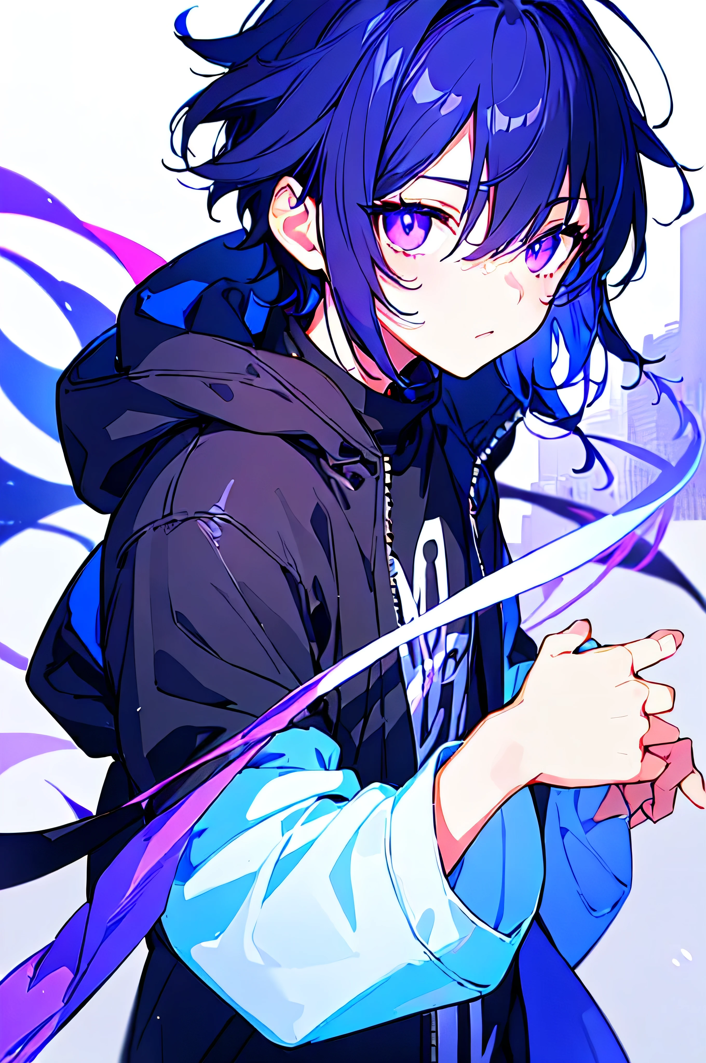 [(WHITE BACKGROUND:1.5),::5], ((((masterpiece)))), high quality, ultra very high resolution, full color, (((solo))), (((**********))), men's blue black hair, ((white color streaked hair)), ((purple eyes)), anime, ((upper body)), neon light, black parka, 