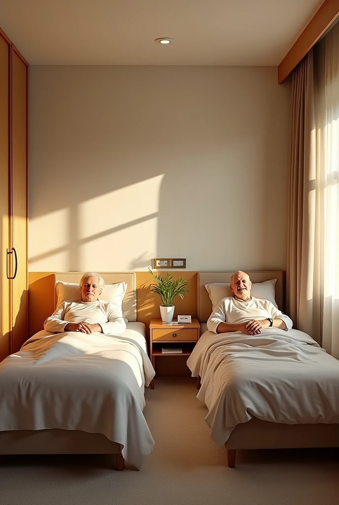 Twin room with earthy tones for seniors image lying down