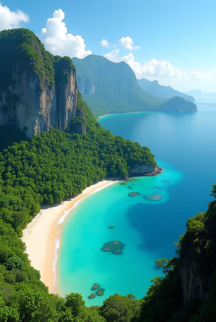 The image is a beautiful landscape of a tropical island. The island is surrounded by lush greenery and crystal clear blue water. The water is a deep turquoise color and the sand is a light beige color. On the right side of the image, there is a rocky cliff with a small island in the distance. The sky is a bright blue and the overall atmosphere is peaceful and serene. The image appears to be taken from a high vantage point, looking down on the island.