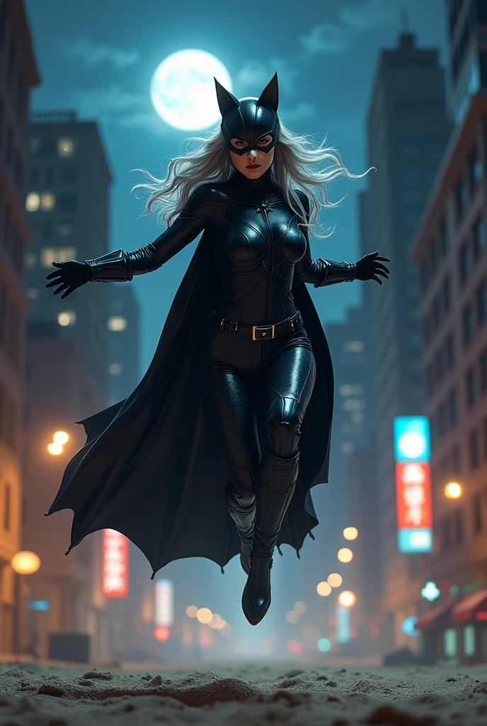 (Masterpiece artwork、4k resolution、A hyper-realistic、highy detailed)、(Black superhero theme、charisma、There&#39;s a girl dressed as Catwoman above the city、she is a superhero)、 [((25 years old)、(Long gray hair:1.2)、Esbian full body、(blue colored eyes:1.2)、((Catwoman Pose)、show of force、Jump from one building to another)、((sandy urban environment):0.8)|(An urban landscape、the night、dynamic light)、(fullmoon)]#to illustrate:Prompts are mostly ultra high definition、so real、Describes hhighy detailed 4K paintings。A superheroine dressed as Catwoman is pictured on top of the city。The theme of the photo is a black superhero theme。(((posterior view))), Fotografia com lente grande angular, neon lights, (((Photographing from below))),