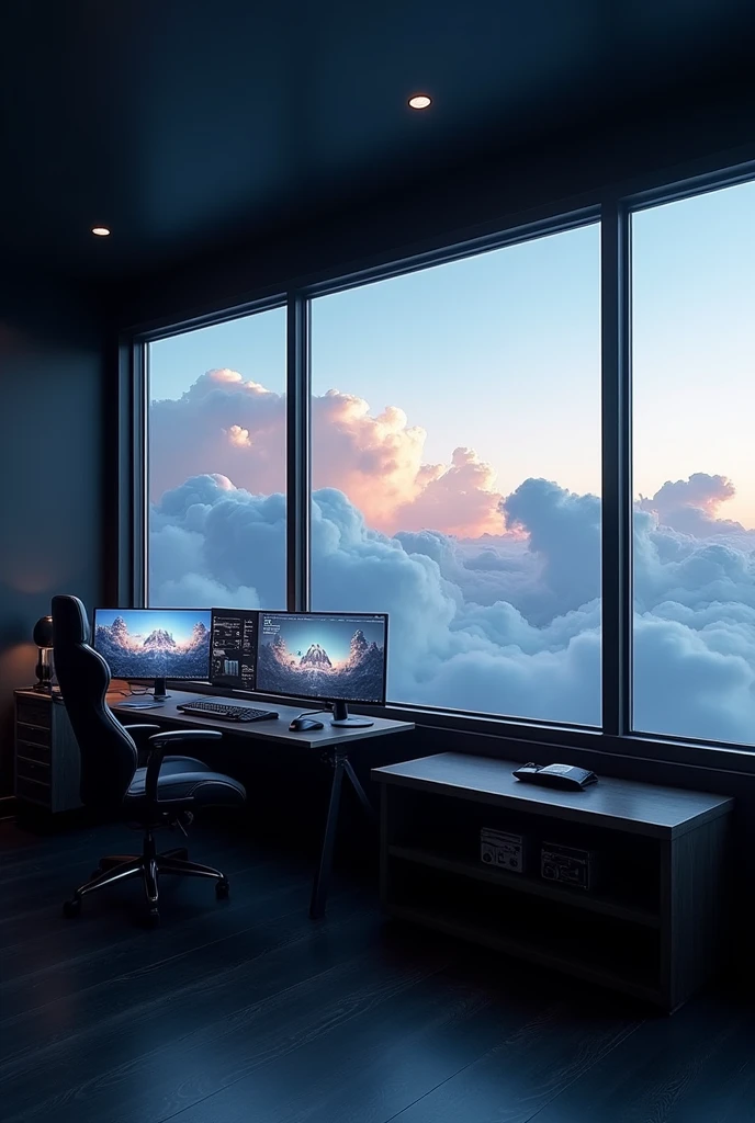 Black Walled Gaming room with windows. Windows view - clouds