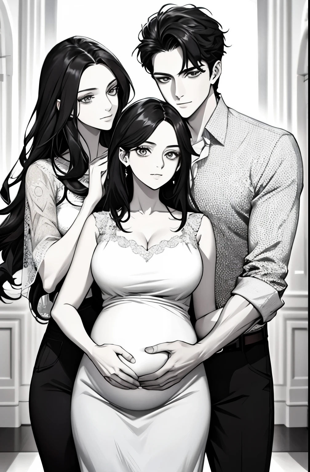 family, royal, elegant, good looking, kids, detailed, 4k, mom and dad, detailed eyes, pretty hair, handsome man, gorgeous woman, fine mom, hot dad, hot parents, mom with black hair, mom pregnant, man looking at woman with love, man hugging woman