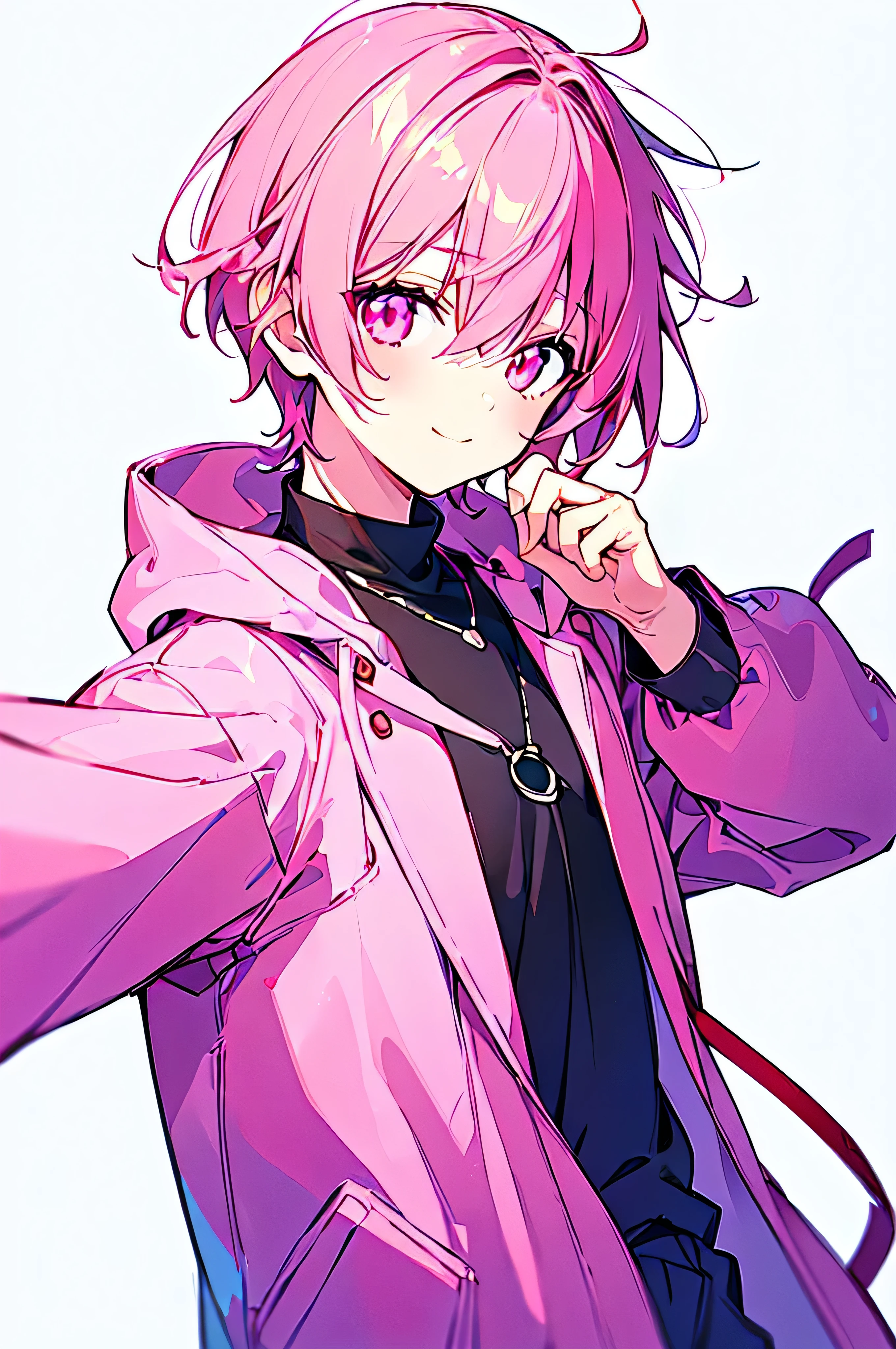 [(WHITE BACKGROUND:1.5),::5], ((((masterpiece)))), high quality, ultra_very_high_resolution, large_filesize, full color, (((solo))), (()), ((pink color short hair)), pink eyes, light smile, anime, upper body, neon light, black parka, upperbody,