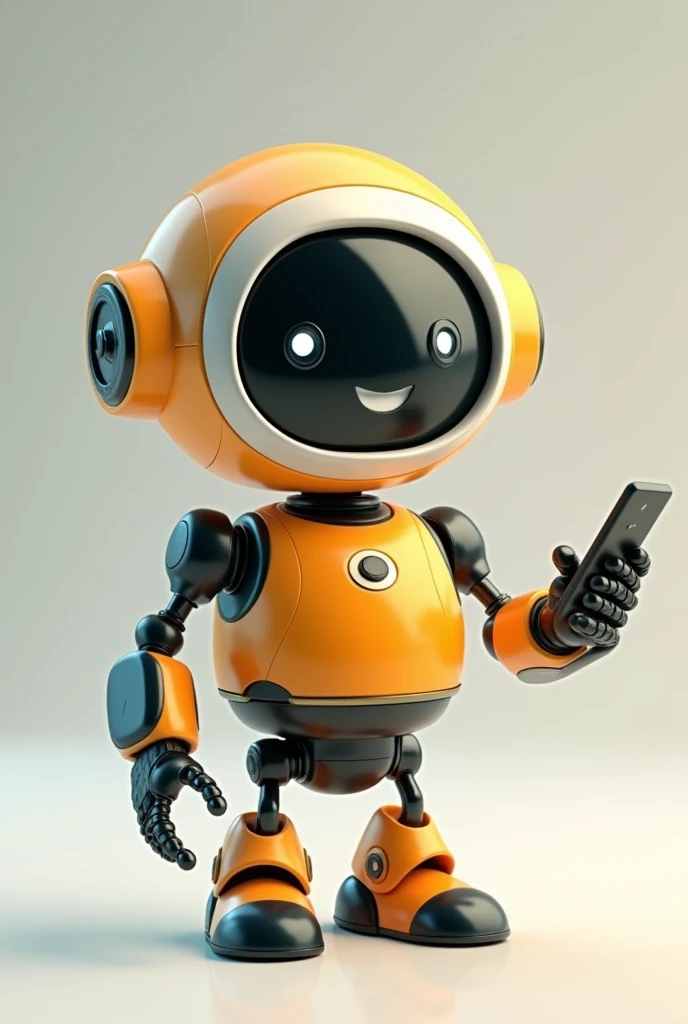 Create a Pixar-style image, 3D character of a cute sales robot holding a cell phone in his right hand.