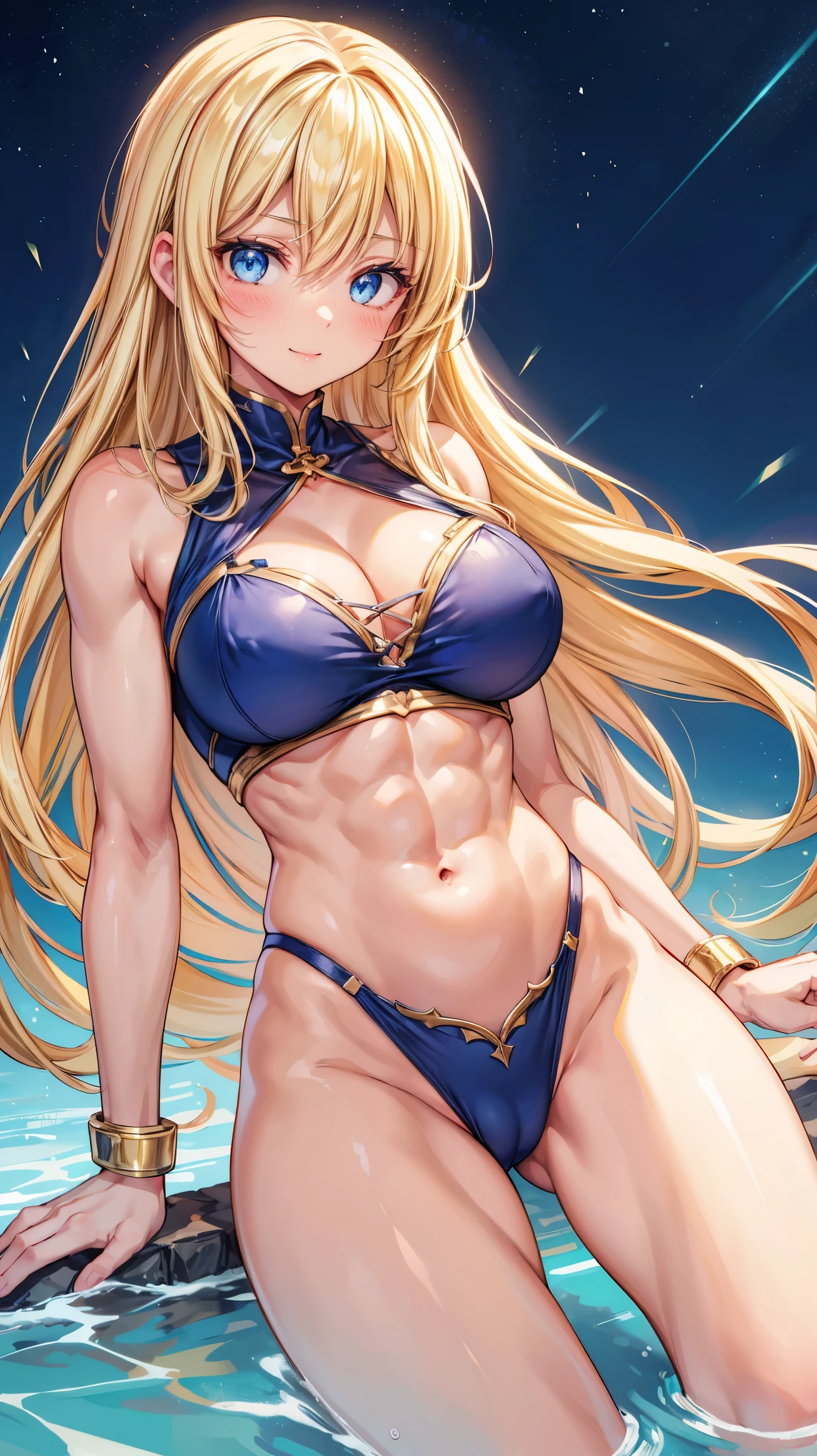 Sensual, Long blonde hair, Thick thighs, 8k, 4K, Highest quality, High resolution:1.2), Cute anime face, Noise Reduction, Sparkling blue eyes, A kind smile, Kind eyes、Toned Abs, Muscular arms, Muscular legs,  Young Face, Anime Eyes, (((Big Breasts、A chest that&#39;s about to burst)))、(((Bondage Style)))、(((Rear View、I turn around、Accentuate your butt、Thongs that dig into your butt)))、(((Full Body Style)))