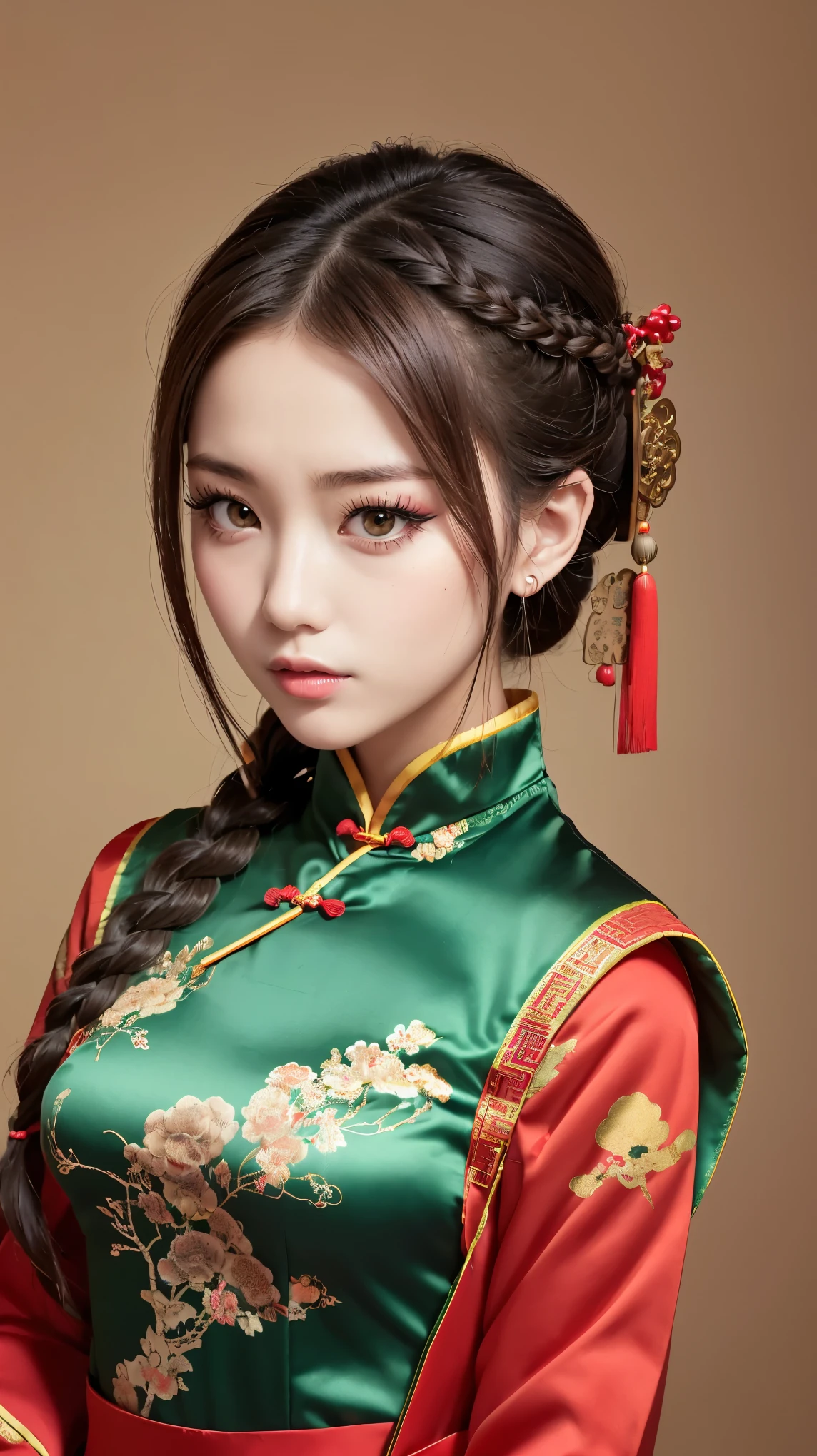 Realistic, masterpiece, Highest quality, Highest Resolution, Anatomically correct, Accurate Anatomy, 7 heads, Height: 165cm, One Japanese woman, Staring at the audience, Open your mouth and laugh, Staring at the audience, Fine and beautiful eyes, Sparkling eyes, Thin eyebrows, Gives lashes a delicate finish, False eyelashes, (Chinese traditional makeup:1.2), (Braided hair, Blunt bangs, Brown Hair:1.2), Detailed face, Sharp Eyes, (Traditional Chinese Dress, Clothes that fit snugly to the body, Random Color:1.3), Upper body photo, Background like ink painting
