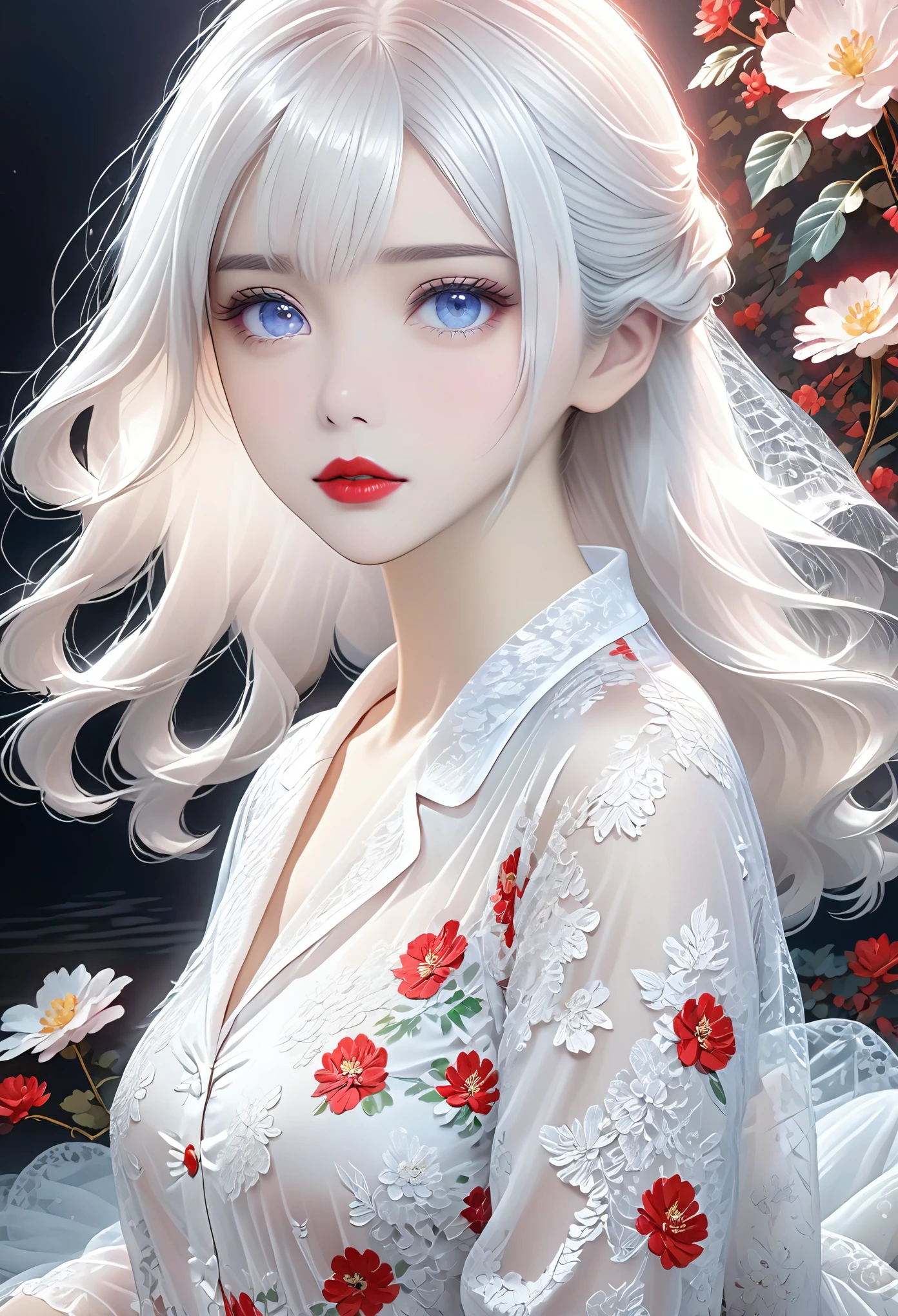 A woman，White hair，Red lips，Long legs，Oval face，White lace pajamas，Tulle clothes，A looming，Extremely detailed，high resolution，Very detailed，Beautiful and delicate girl，Very detailed的眼睛和脸，Beautiful and delicate eyes，There is light on the face，Movie Lighting，Full Body Love，full-body shot