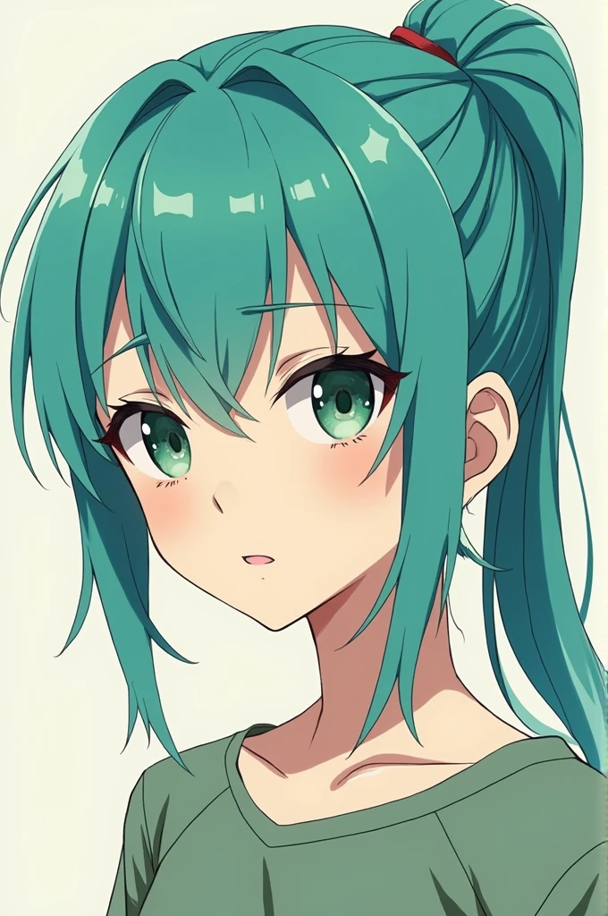 Her turquoise hair was tied back、It has dark green and light green heterochromatic eyes.、Draw an androgynous boy in anime style