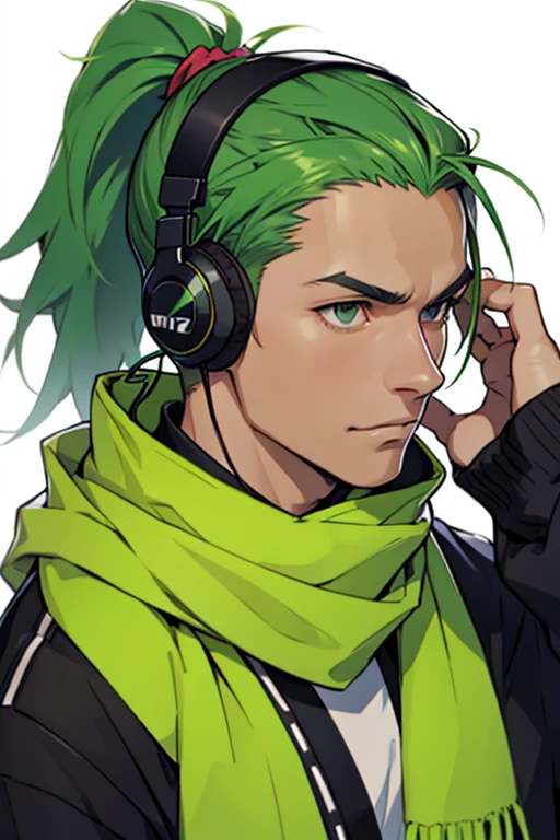 Green Hair、ponytail、Man wearing headphones、Ruffled scarf