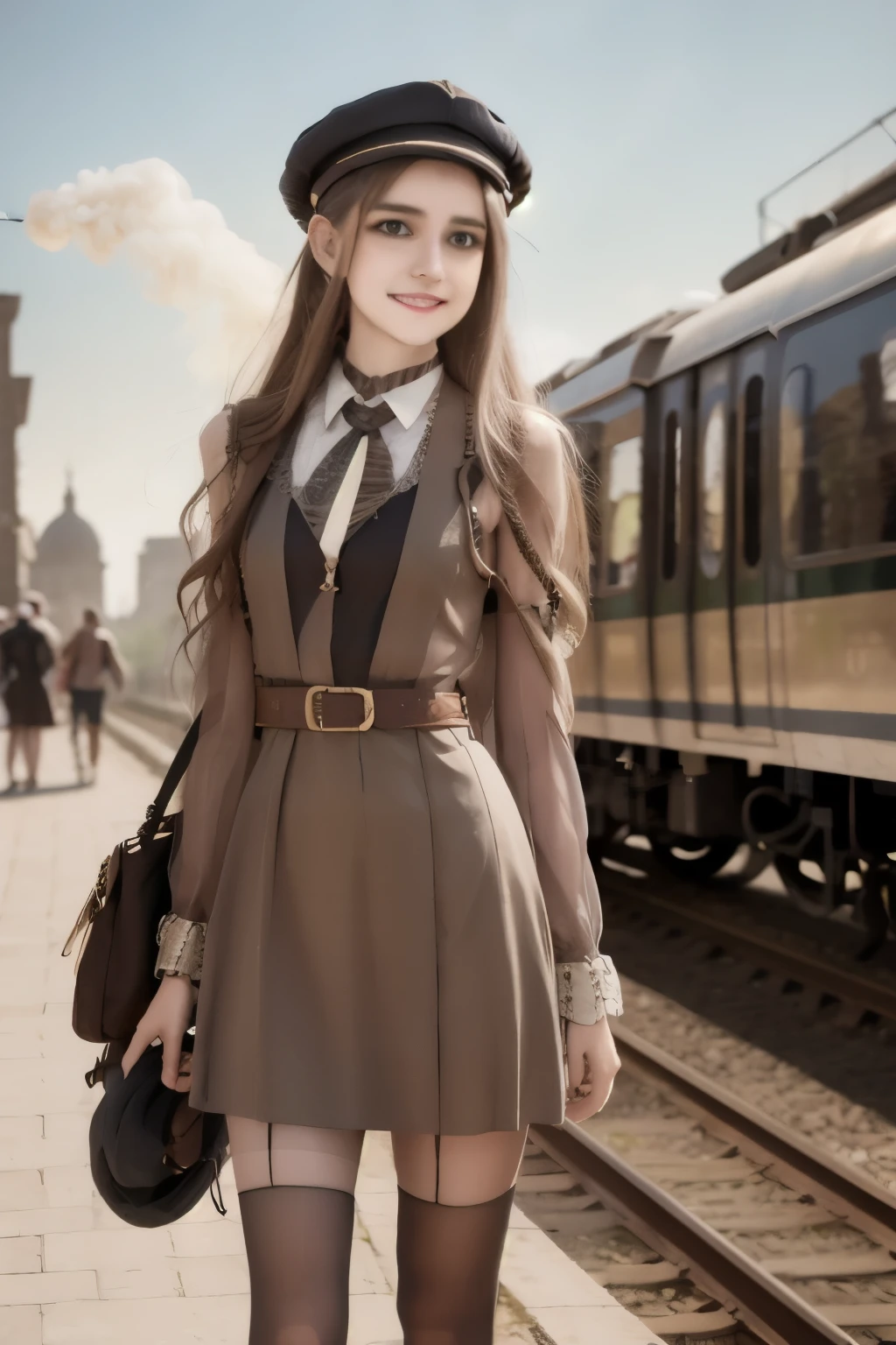 realism, perfect rendered face,((best quality)), ((masterpiece)), ((realistic)), (detailed),[hermione granger:minerva mcgonagall:0.5] rim light, vivid, 1girl, in a victorian dress , (((shiny eyes, shiny skin))),detailed face, travel bags, scarf, toned legs, large breasts, elbow length gloves, train station in background, steam , (detailed) ,((best quality)), ((masterpiece)), ((realistic)), (detailed),pixiv contest winner, 15 mm, 15mm,, BREAK, great composition, UHD, 8K, 32k,