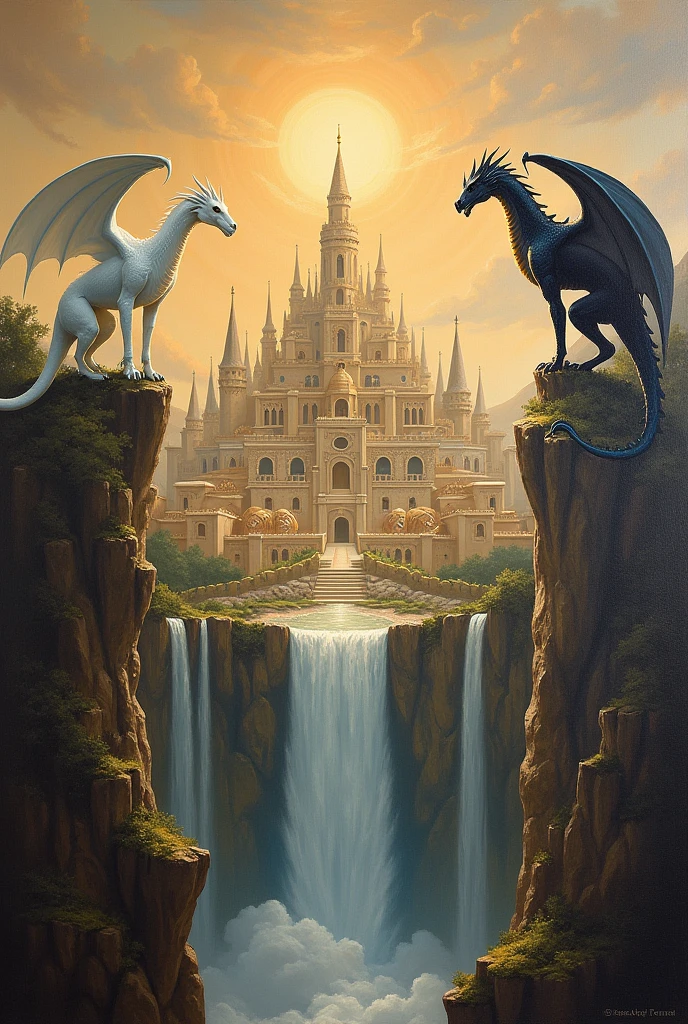 An oil canvas painting of heavenly medieval greek type big city around an abyss warm tones and two waterfalls pouring down into the abyss and there are two dragons on each side one of them is white