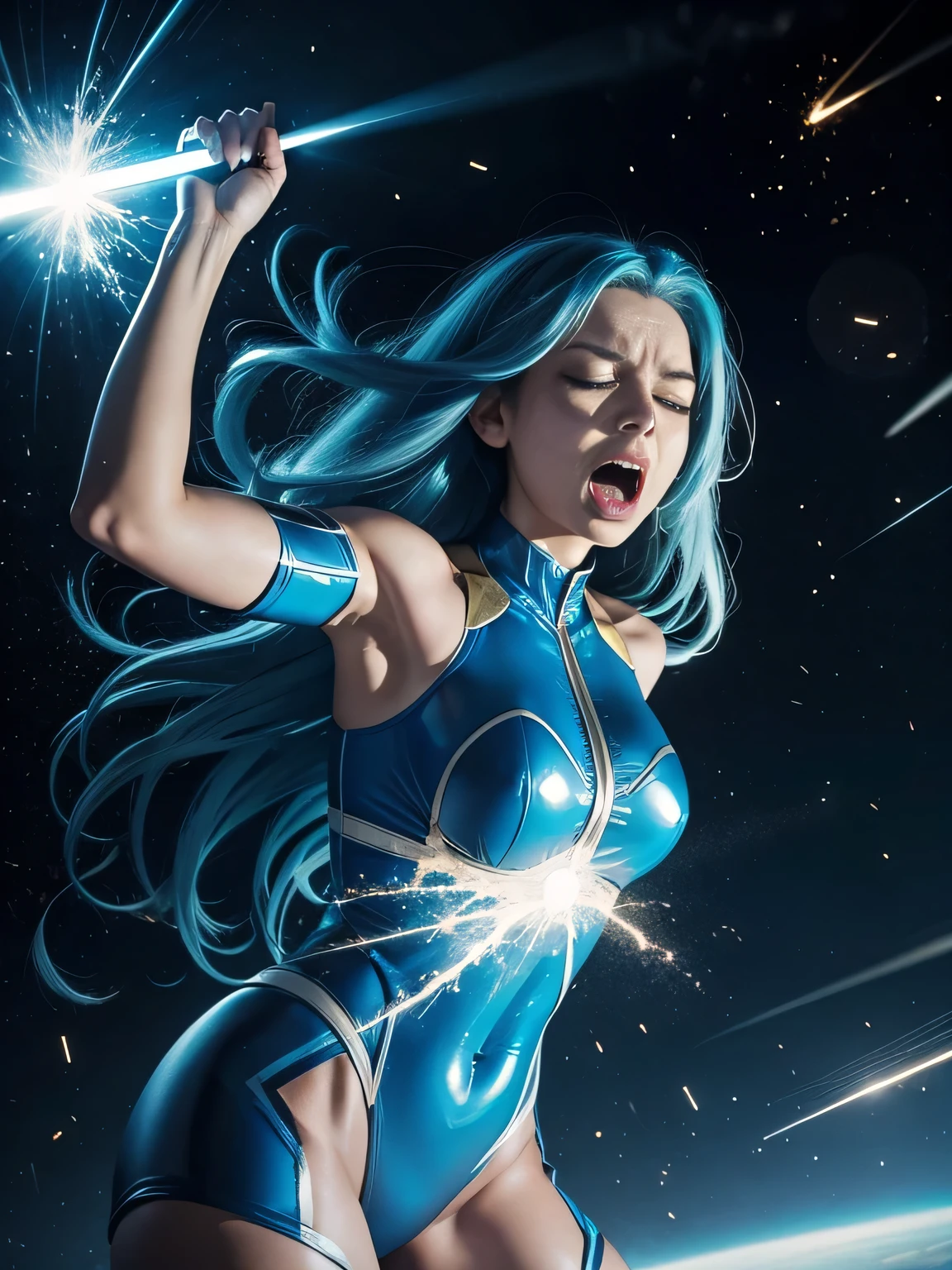 superheroine, long long gorgeous light blue hair, latex, leotard, blue and white costume, trapped, many meteorites trying around, these meteorites exploding, ((exploding meteorites hiting her hard)), no escape,(cruelly), (painful), helpless, eyes closed,  ((screaming in pain)), body hitting, limbs hitting, hair hitting, all above hitting, twisting around, in alien land, fantastic world