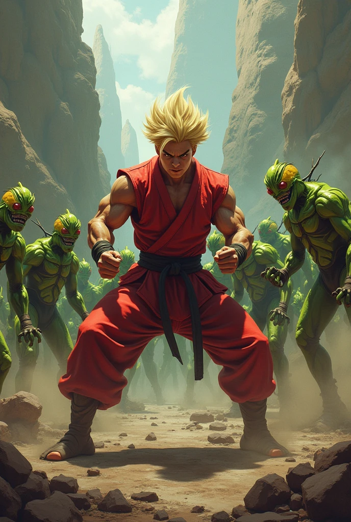 Give him spiky hair, put him in a red gi, dye his hair blonde, and have him fight green bug people.