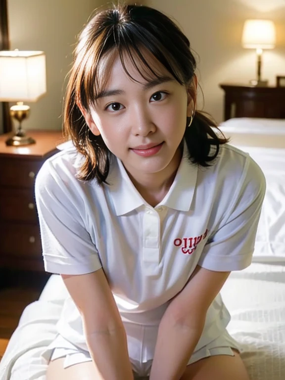 (Masterpiece, Best quality: 1.3), (Ultra realistic, Photo-realistic: 1.2), From above, Natural light, 28 years old actress, Japanese women, Neat and clean, (White tennis uniform, White short-sleeve polo shirt with darknavy line collar:1.2), (unbutton:1.3), (White tennis skirt:1.2), white sock, (Ponytail: 1.2), (Beautiful face), Oval face, clear, Beautiful eyes, Kind eyes, Clear skin, Small face, Beautiful mouth, Small mouth, Natural makeup, Approachable, (nsfw:1.2), Seductive smile, (Seductive pose: 1.3), (Beautiful thighs: 1.2), (Bedroom eyes: 1.2), Embarrassed, Blush, Luxury hotel Suite room, On bed, Hidden camera installed in suite room captures obscene reality of girls high school, (lesbian couple , petting together:1.1), grabbing crotch, 2girls erotic hag,