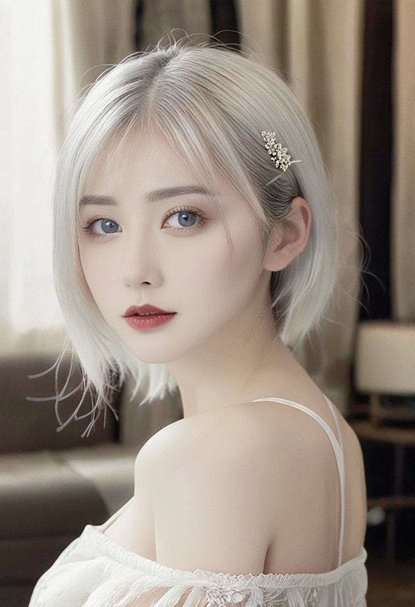 A woman,White hair,Red lips,Long legs,Oval face,White lace pajamas,Tulle clothes,A looming,Extremely detailed,high resolution,Very detailed,Beautiful and delicate girl,Very detailed的眼睛和脸,Beautiful and delicate eyes,There is light on the face,Movie Lighting,Full Body Love,full-body shot