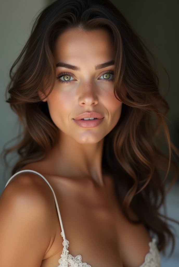 Un belle femme brune, visage parfait, les yeux verts, sportive avec des formes, mat de peau, ou on voit tout son corp