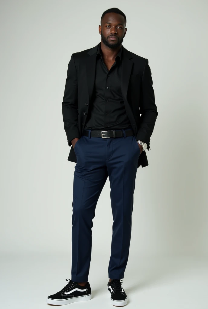 dark-skinned man in navy blue tailored pants, black sneakers with white detail, long black dress shirt, black blazer and silver watch on left wrist