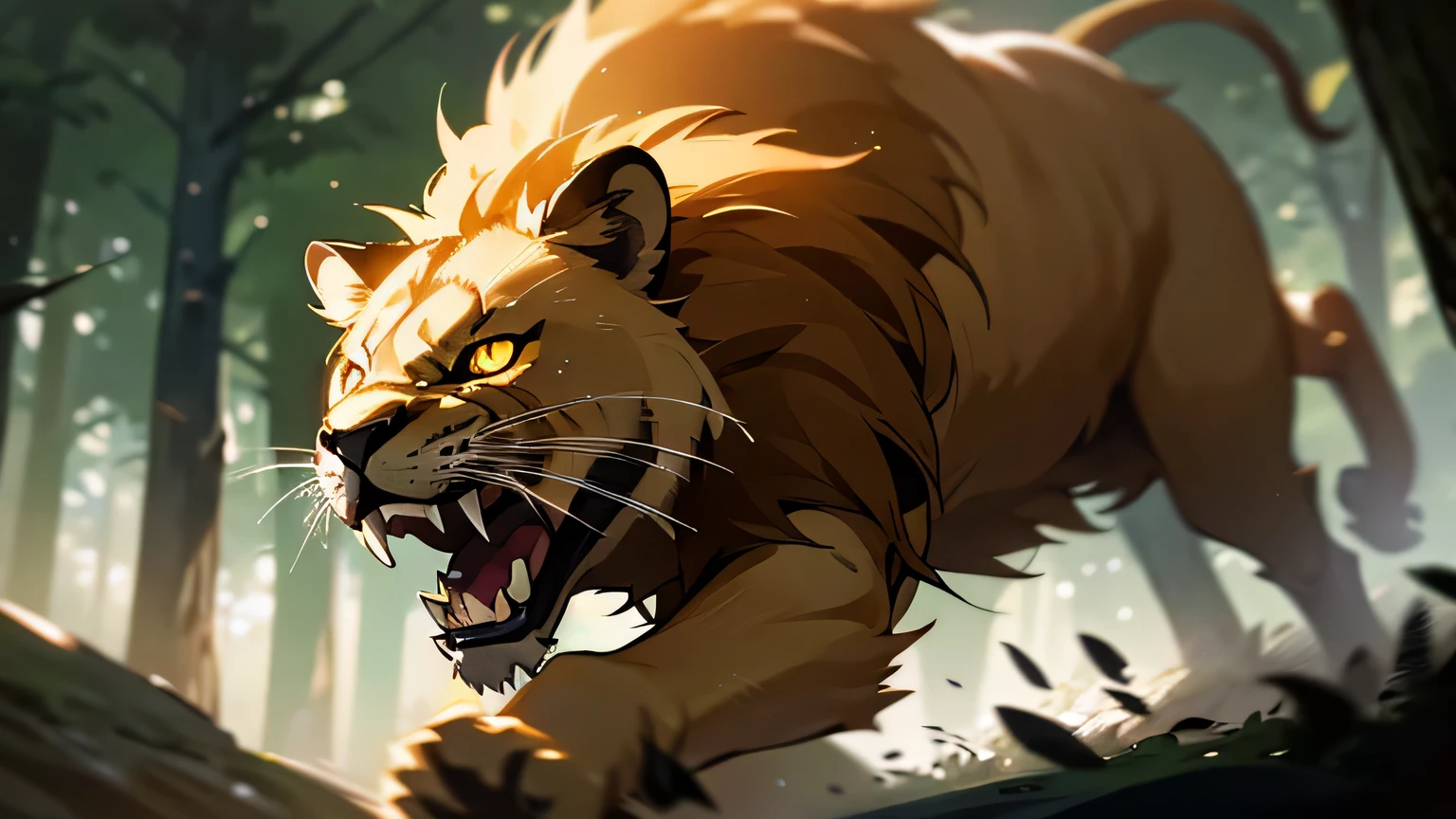 motion scene, lion in forest leaping to attack, glowing yellow eyes, glowing eyes, sharp fangs, moody lighting, hyper realistic, cinematic lighting, intricate details, 8k, high quality, photorealistic, dramatic, powerful, majestic