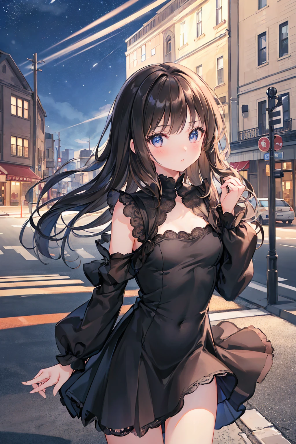 masterpiece, Highest quality, RAW Photos, A scene from a movie, Alone in the city at night, beautiful girl, (Delicate eyes, Pretty lips), (Small breasts,Flat chest), (Black Dress, Long sleeve), Recall, Brown eyes, With bangs, Hair blowing in the wind, Fair skin, (Innocent), light makeup, (Cute Face), Innocent girl, Delicate face ,((Highest quality)), (Very detailed), (High-definition CG synthesis 8k wallpaper), 高いly detailed, 高い-definition raw colbor photos, Professional photography, Written boundary depth,