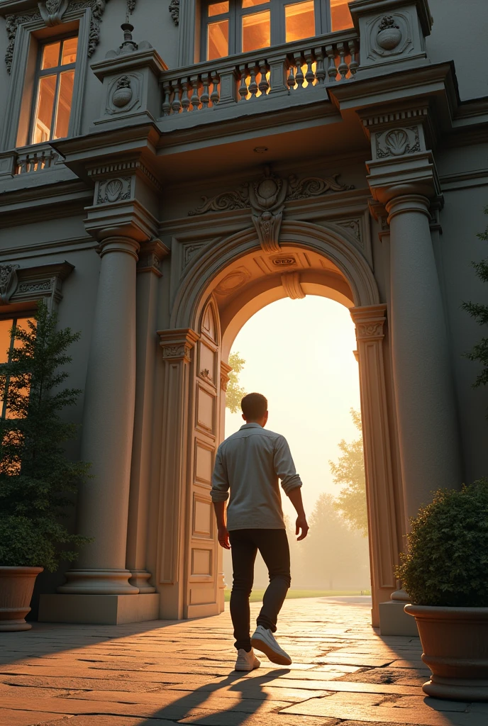 A young man going inside the mansion