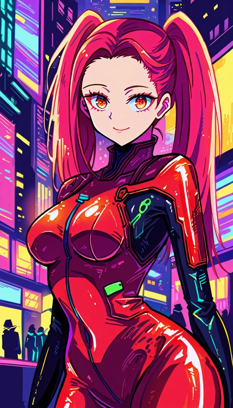 one anime cyberpunk girl, red twintails, long hair, red detailed eyes, cute face, big brests, perfect body, cybernatic body, latex suit, standing, cyberpunk city, cyberpunk world, dark ambient, masterpiese, super quality, super detailed