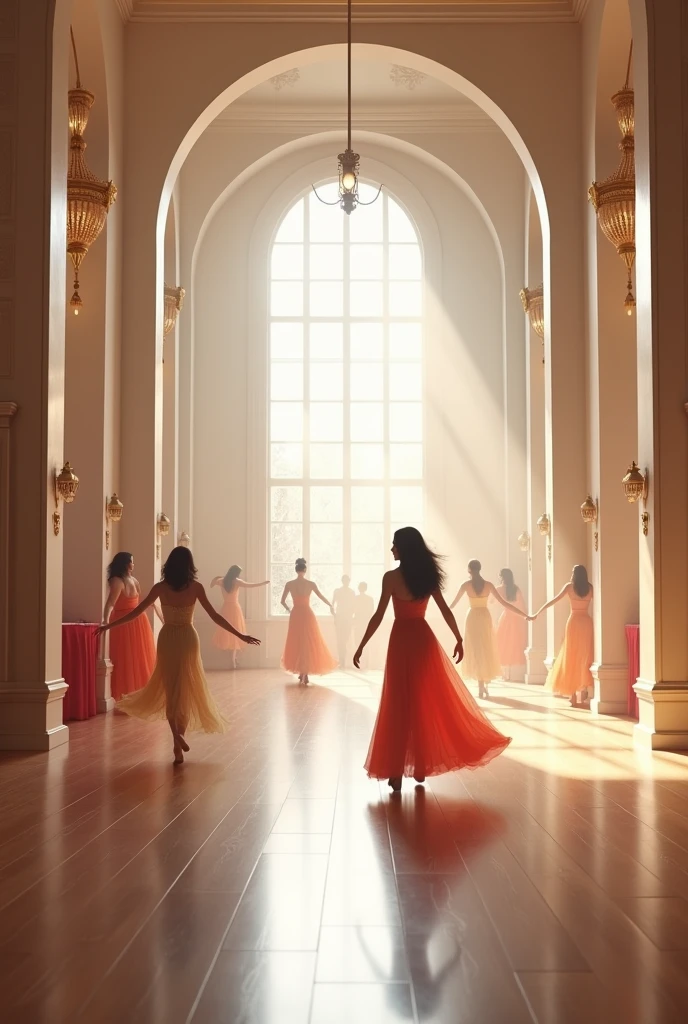 The dance hall is bright, light gray tones