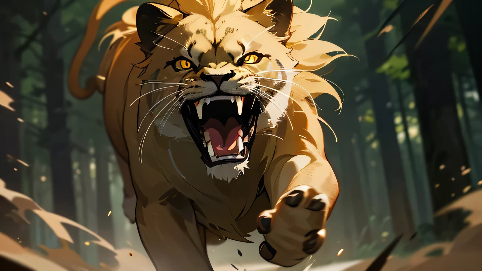 Motion scene, lion in forest, hit by rock, moaning in pain, glowing yellow eyes, shiny eyes, sharp fangs, dim lighting, hyper realistic, cinematic lighting, intricate details, 8k, high quality, photorealistic, dramatic, powerful, majestic