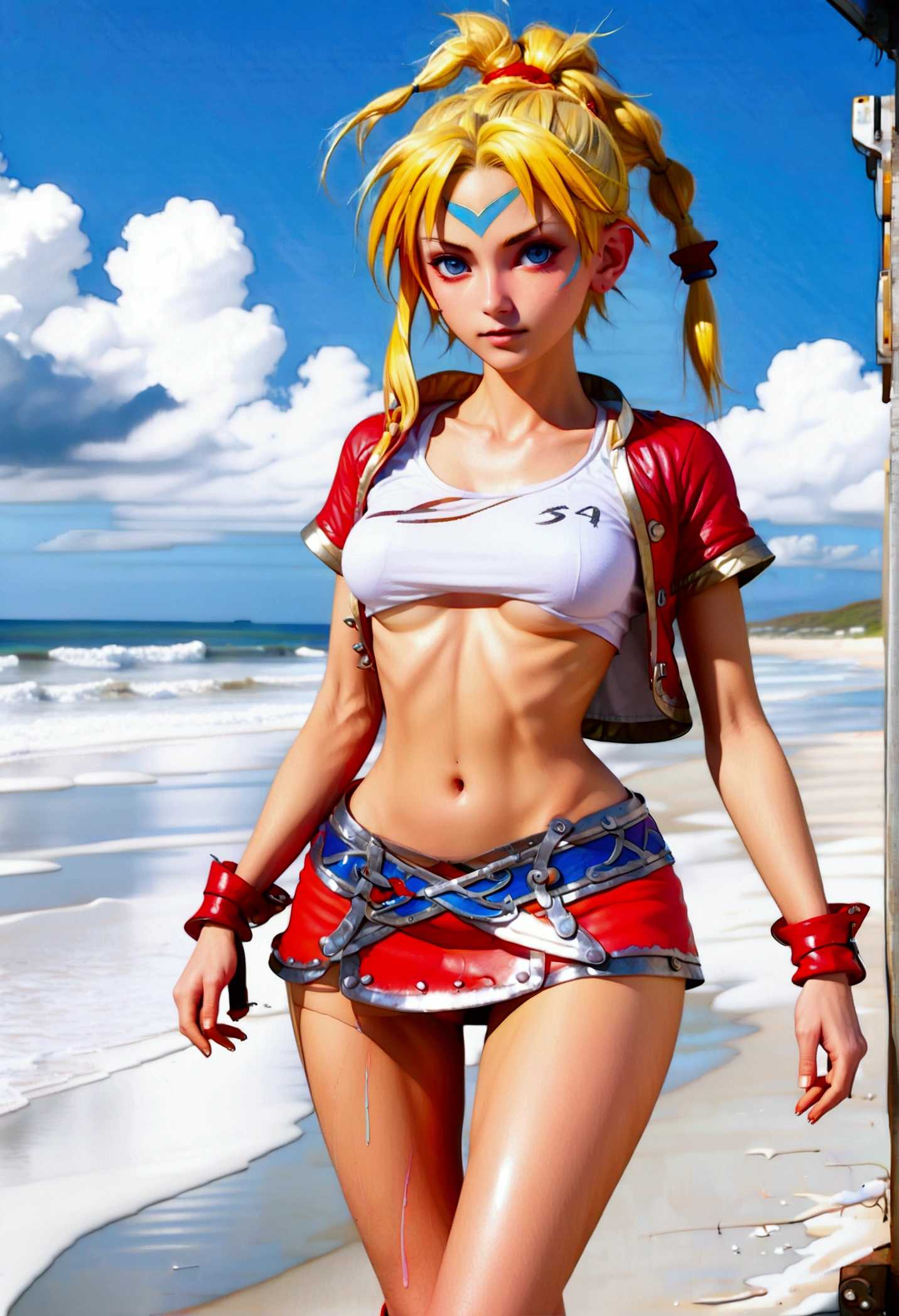 (promotional art), (full length portrait:1.4), (Kid from Chrono Cross), BREAK: yellow hair in high ponytail braid, sapphire blue eyes, very slender toned frame, lanky thin build, medium-large bust, (protruding nipples:1.25), aroused expression, (((white)) paint streaks ((on cheekbones)):1.2), underboob showing, BREAK: ((red) skin tight booty skirt), (open fronted micro skirt:1.4), (3/4 cropped (RED) short-sleeved jacket:1.3), white crop top under jacket, (shirt clings to high beam nipples:1.4), loose brown leather ankle boots, BREAK: (wide field of view composition), centered, (hands behind head pose:1.25), thighs open pose, walking down beach, white sand beach setting