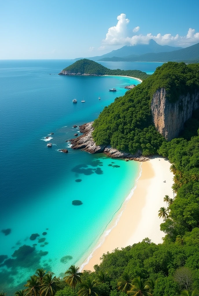 The image is a beautiful landscape of a tropical island. The island is surrounded by lush greenery and crystal clear blue water. The water is a deep turquoise color and the sand is a light beige color. On the right side of the image, there is a rocky cliff with a small island in the distance. The sky is a bright blue and the overall atmosphere is peaceful and serene. The image appears to be taken from a high vantage point, looking down on the island.