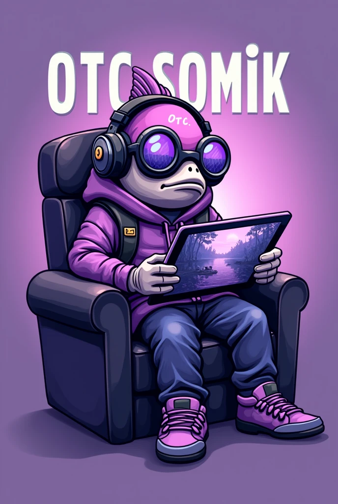 Task: To design a logo for a professional male PUBG Mobile player that reflects his unique style and passion for the game. The logo should be attractive, memorable and reflect the special talent of the player in the world of mobile shooters.

### Description of the logo concept:

**Main element**: In the center of the logo there is a funny and charismatic character — a fish dressed in modern gamer equipment. The fish is sitting on a comfortable gaming chair, holding an iPad in its paws, on the screen of which a scene from PUBG Mobile is visible. She is wearing large round glasses, through which smart and focused eyes are visible, Headphones frame her head, emphasizing full immersion in the gameplay and indicating the professionalism of the player.

**Clothing and accessories**: The fish is dressed in a light and modern form, made in shades of purple, which not only corresponds to the customer's preference, but also gives the logo dynamism and energy. Glasses and headphones are also made in these colors, with the addition of small details such as gold or silver inserts to emphasize their technological character.

**Background**: The background of the logo should be minimalistic so as not to distract attention from the main character. It is possible to use a light shadow effect or a subtle gradient of purple tones, creating a sense of depth and space around the gamer fish.

**Typography**: An inscription reflecting the player's nickname or the name of his team OTC SOMiK must be placed above or below the image. The font should be easy to read, while maintaining the style and matching the overall style of the logo. The options can range from modernist to gamer fonts, those that combine with the shape of a fish and maintain a balance between image and text.

**Color palette**: The main color of the logo is purple, reflecting the personality of the player and his passion for the game. Shades of purple can range from deep to light, creating contrast and depth. For addition