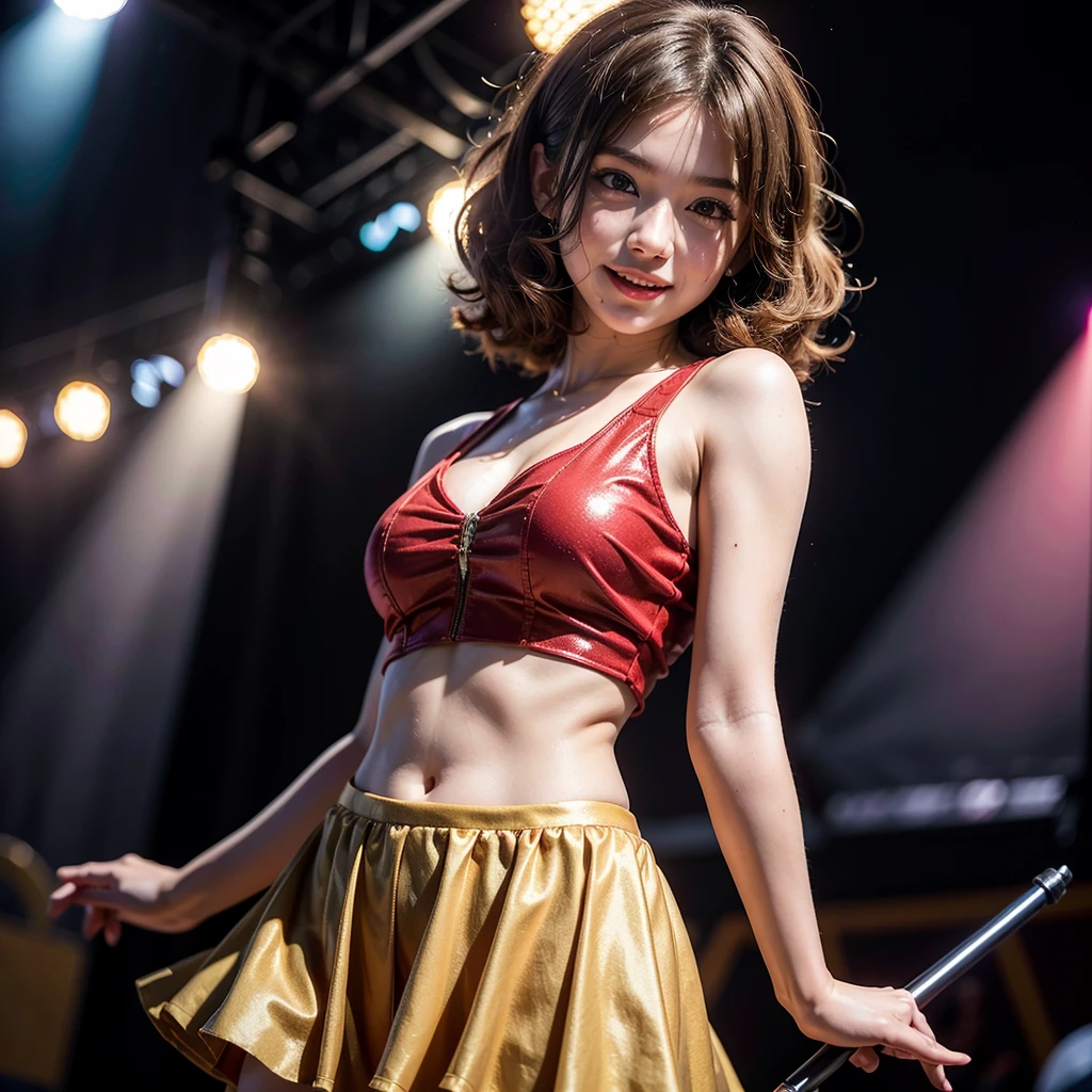 (masterpiece), (best quality), (ultra detailed),(disheveled hair),(illustration), (1girl),(10yo),japnese idol,smile, (school dress,mini skart:1.3),(open chest:1.5),Fashion model, looking at viewer, (interview),Mike stand (idol stage),beautiful detailed eyes, delicate beautiful face, Floating,(high saturation),(colorful splashes),(shining), focus on face,ahoge, kamisato ayaka, light pink hair, hair ring,short hair, (shining), best lighting, best shadow,(camel toe:1.4),show off camel toe,standing,spread legs