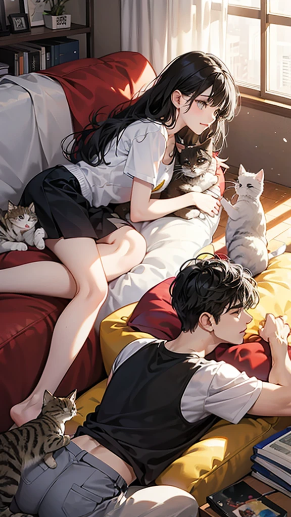 college student couple,Play with cats, living room, black hair,