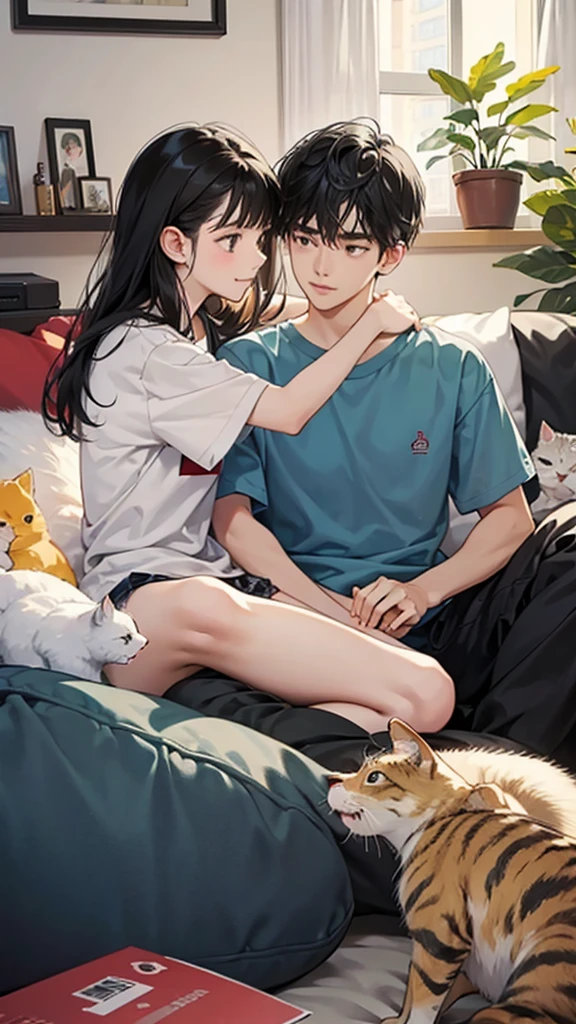 college student couple,Play with cats, living room, black hair, 