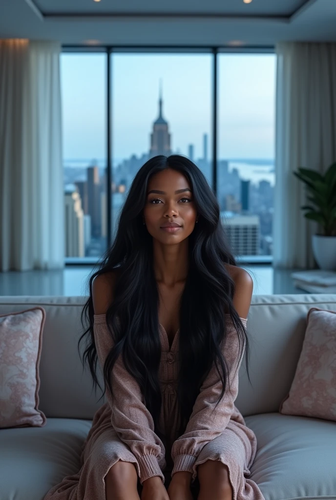 hyper realistic portrait of skai Jackson, 19 years old, with long flowing black hair and brown eyes. She should have a natural, approachable expression and be lit by soft, blue light, canon eos r5, raw format, sitting on a modern sofa in a modern marble mansion, background is detailed and luxurious living room, full body, panoramic window view of the New York skyline